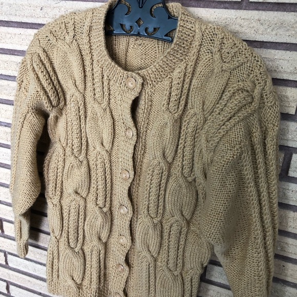 Vintage Handknit Camel Cable Knit Cardigan Sweater - Bust 30 - Size S - Picture 9 of 11